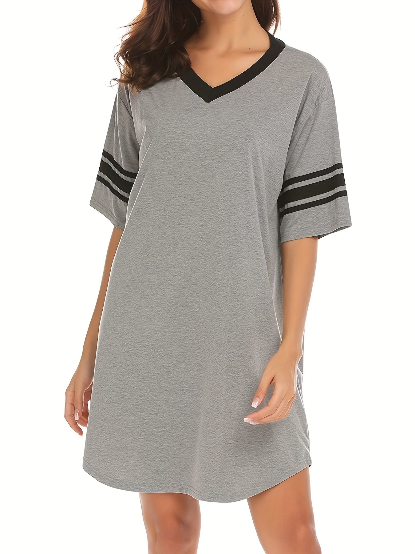 Striped Short Sleeve Lounge Dress Soft & Comfy V Neck Home Dress Women's Lounge