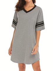 Striped Short Sleeve Lounge Dress Soft & Comfy V Neck Home Dress Women's Lounge