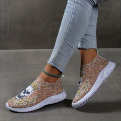 Women's Skull Pattern Sneakers Low Round Toe Non slip Flatform Lightweight Shoes
