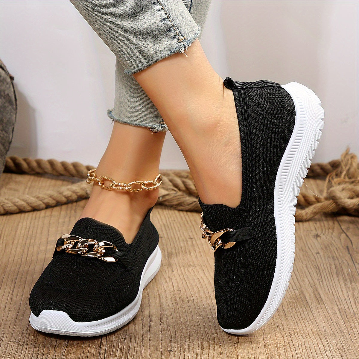 Women's Flat Sock Shoes Metal Chain Slip On Casual Walking Shoes