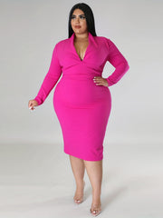 Solid Long Sleeve V Neck Midi Slim Fit Dress