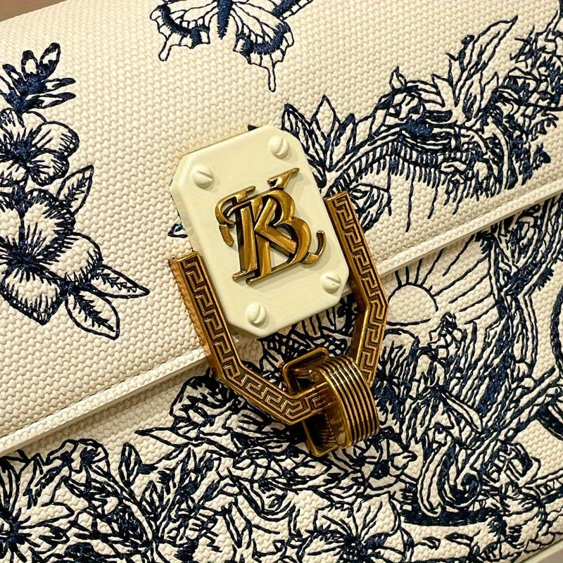Floral Embroidered Crossbody Bag with Golden Hardware