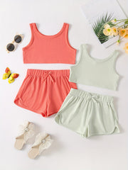 Girls Ribbed Knit Crop Tank Top & Shorts Set