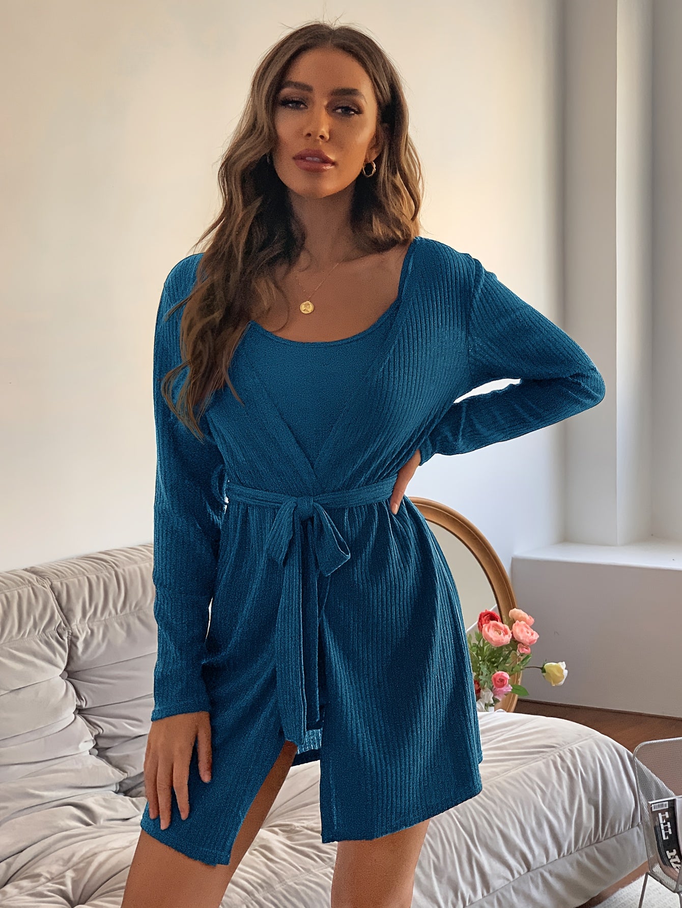 Ribbed Pajama Set Long Sleeve Robe & Cami Top & Shorts