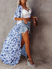 Floral Print Cover Up Shirt with Lace V Neck