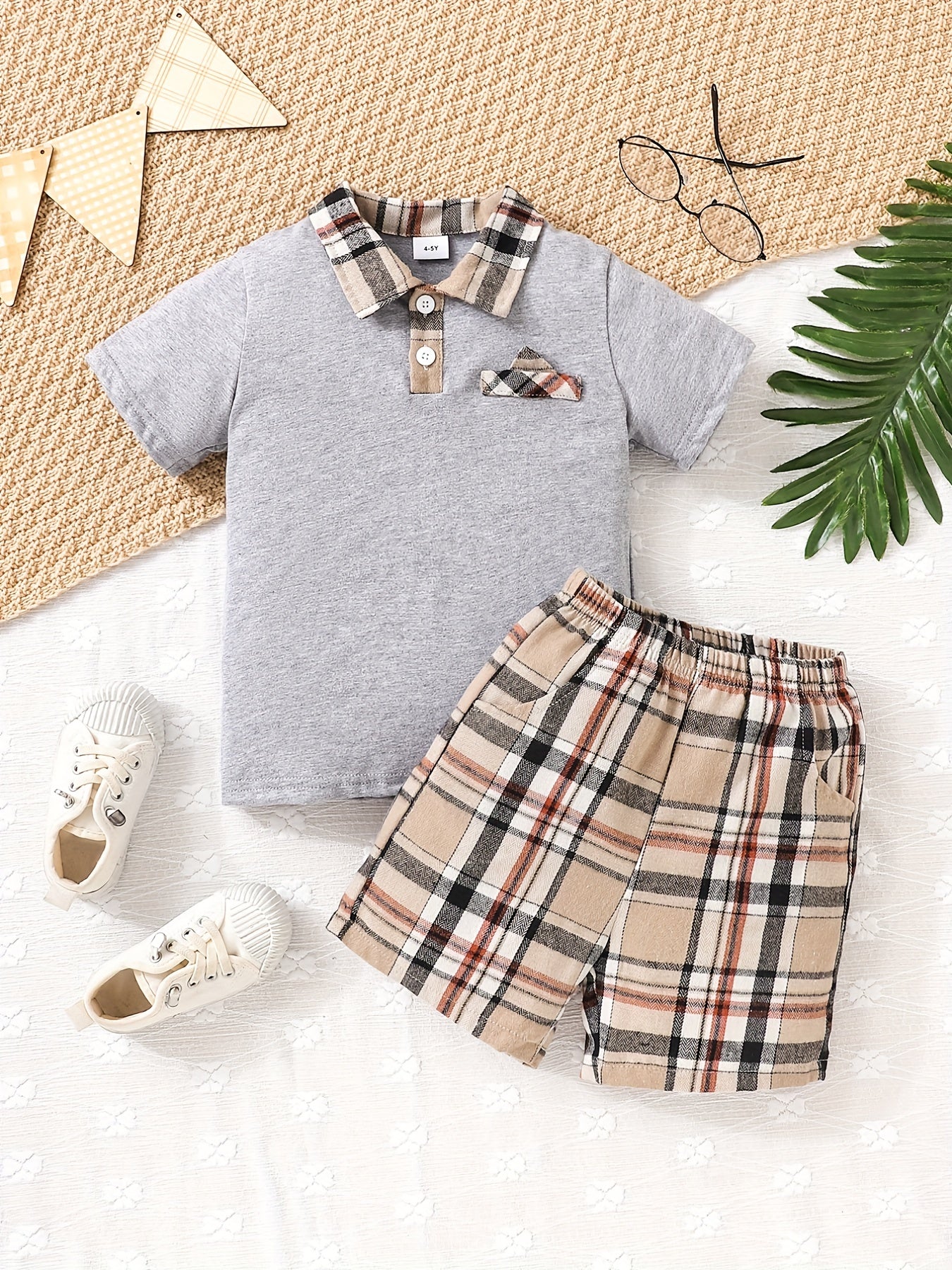 Boys Polo Shirt & Plaid Shorts Preppy Style Summer Kids Clothes