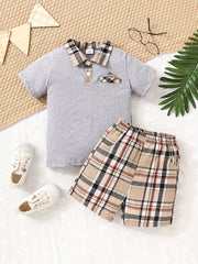 Boys Polo Shirt & Plaid Shorts Preppy Style Summer Kids Clothes