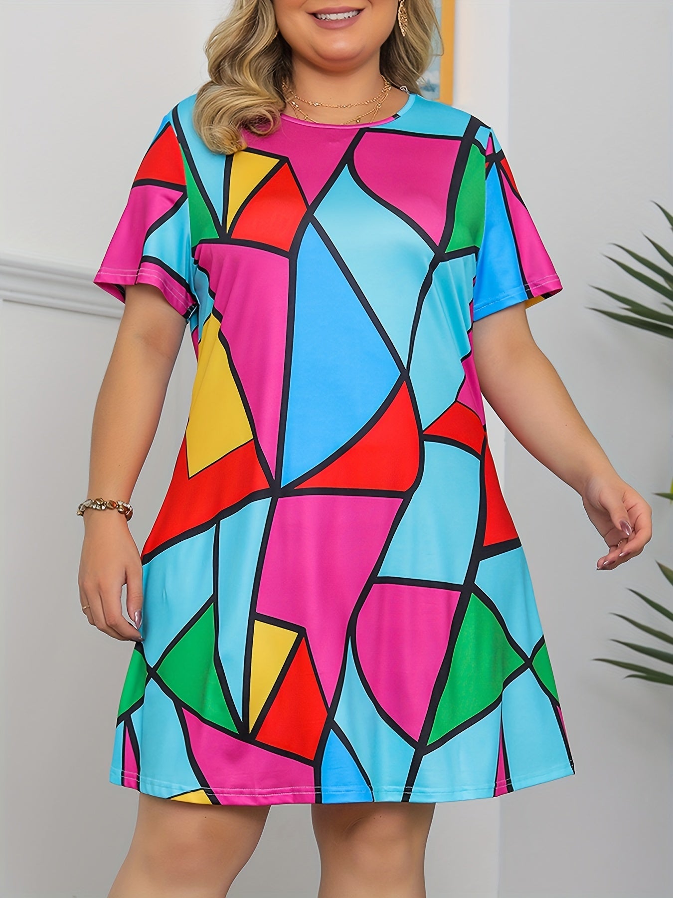 Women's Plus Colorblock Geometric Print Stretch Mini Dress