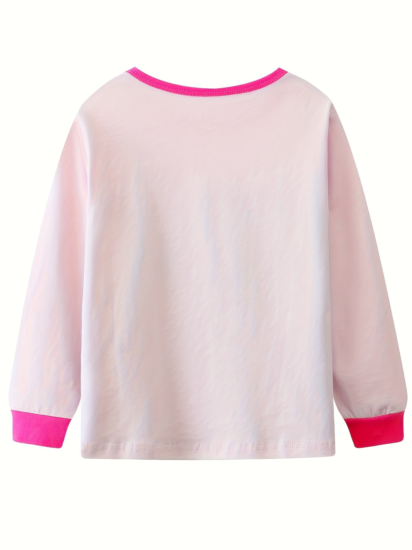 Girls Cat Print Pajamas Set, Long Sleeve Crew Neck Tops & Pants, Pink