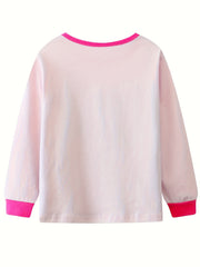 Girls Cat Print Pajamas Set, Long Sleeve Crew Neck Tops & Pants, Pink