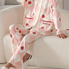 Fruit Print Pajama Set Long Sleeve V Neck Buttons Top & Argyle Pants