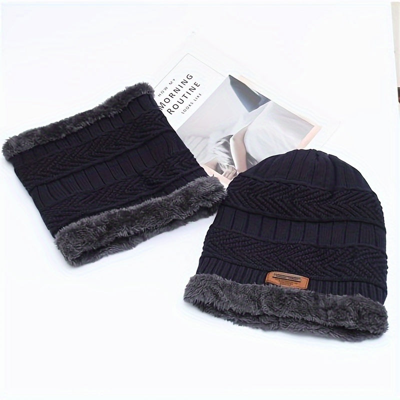Striped Warm Winter Hats with Neck Scarf, Knitted Ear Protection