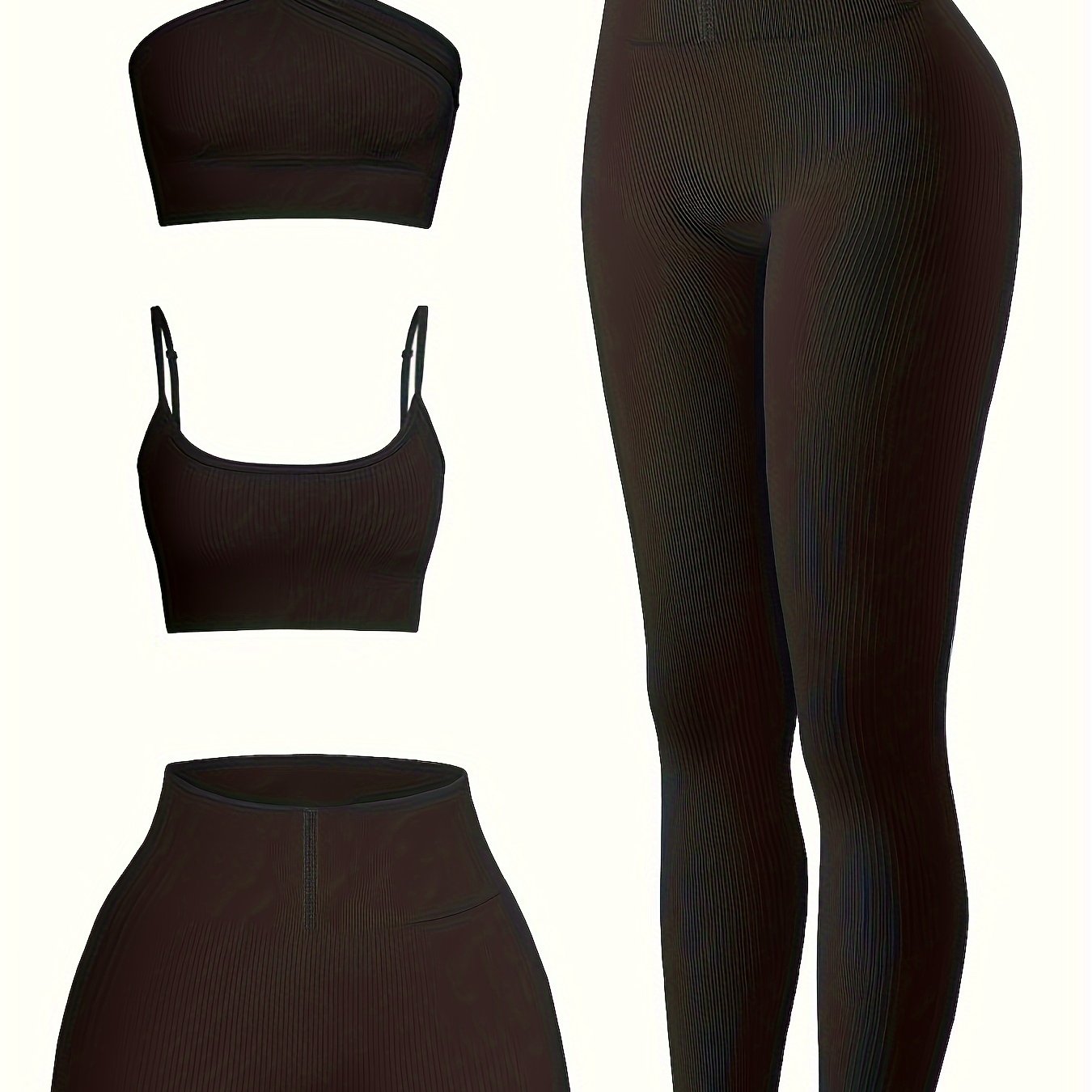 4pcs Yoga Workout Set One Shoulder & Cami Sports Bra & Shorts & Leggings
