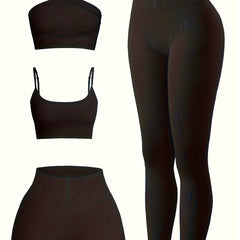 4pcs Yoga Workout Set One Shoulder & Cami Sports Bra & Shorts & Leggings