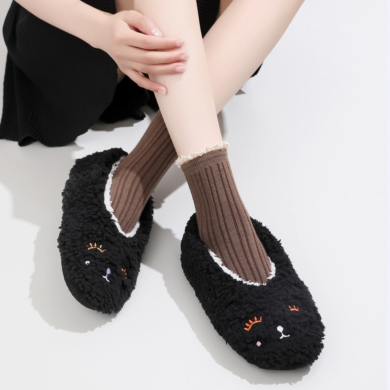 Cartoon Embroidered Fuzzy Bedroom Slippers for Women