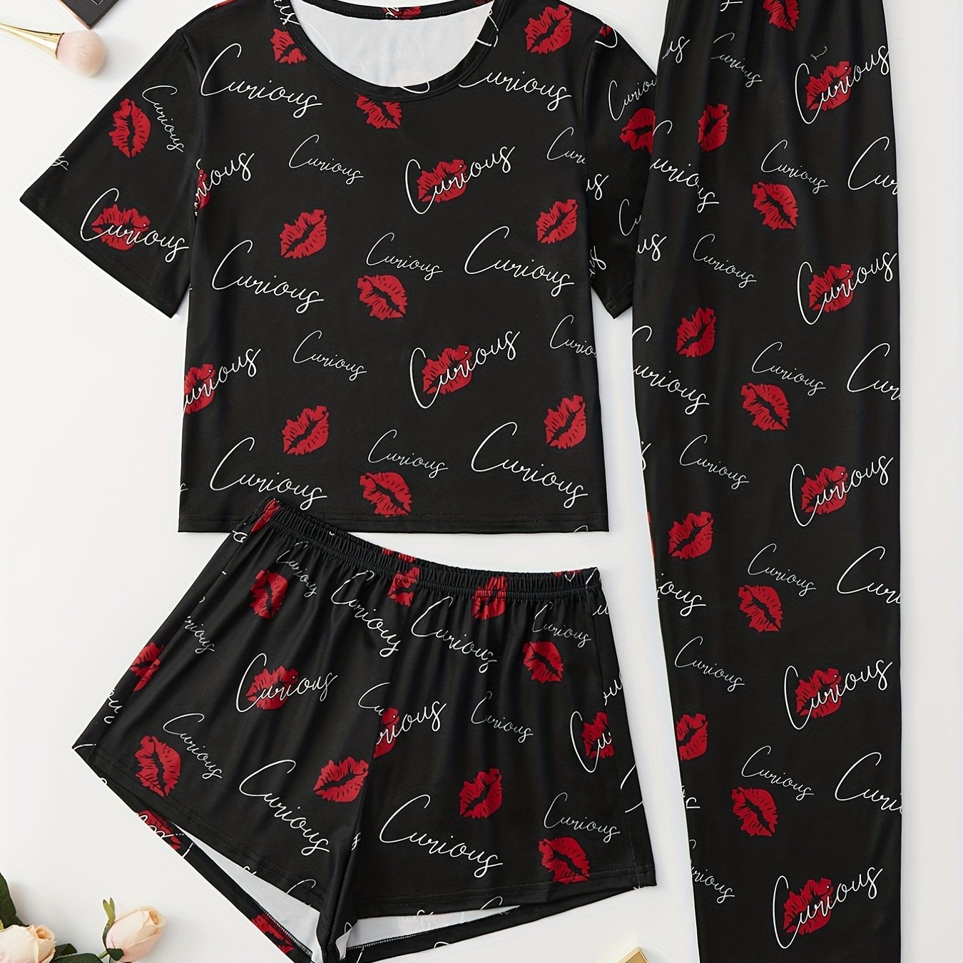 Lips Print Pajamas Set Short Sleeve Top & Shorts & Pants