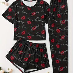 Lips Print Pajamas Set Short Sleeve Top & Shorts & Pants