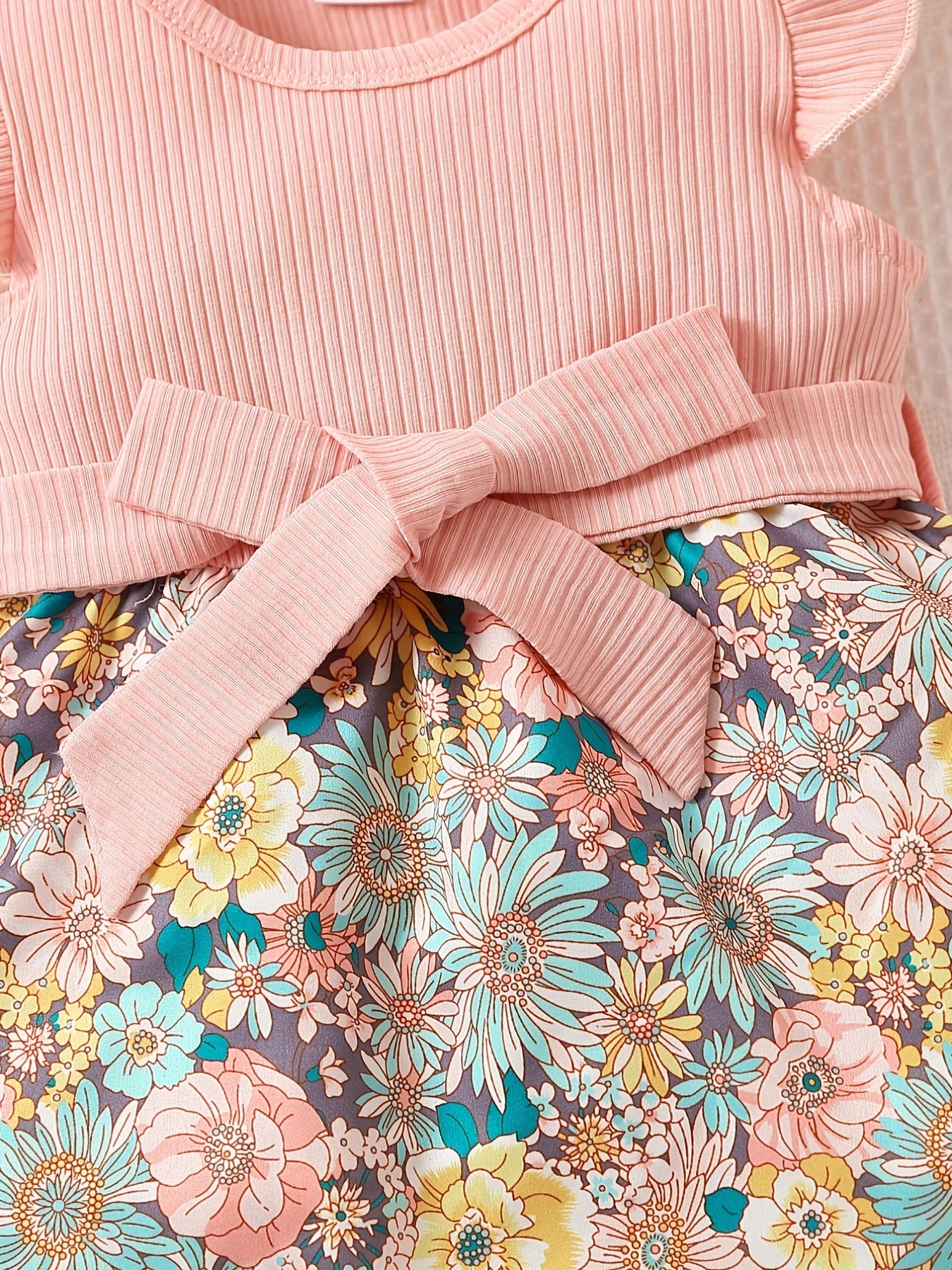 Baby Girls Floral Stitching Dress With Hat Belt 3pcs Set