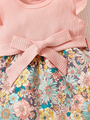 Baby Girls Floral Stitching Dress With Hat Belt 3pcs Set