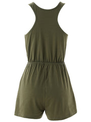 Casual Drawstring Waist Romper Jumpsuit Solid Color Sleeveless Summer Outfit