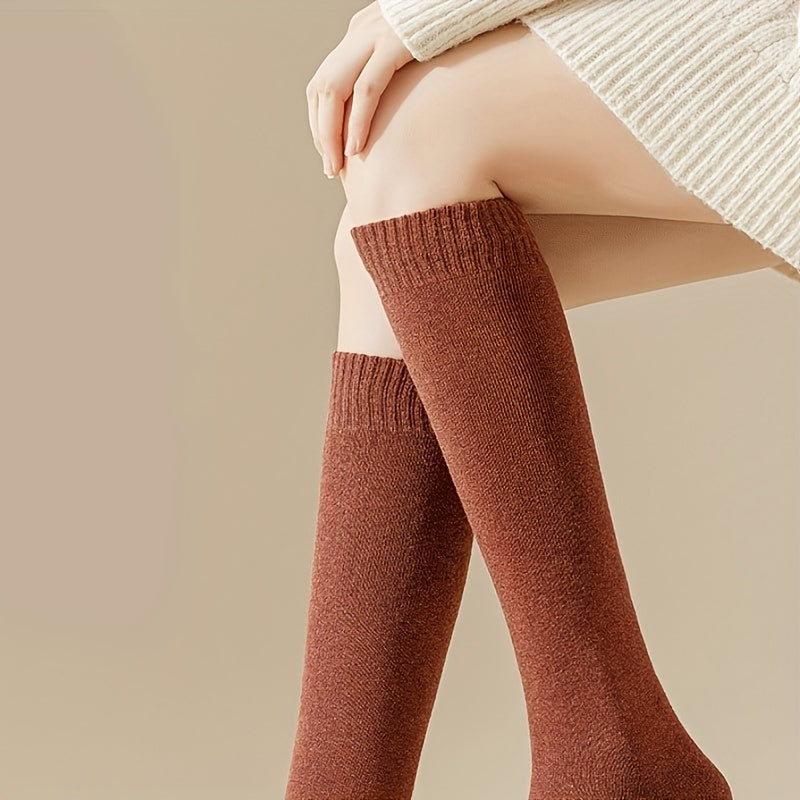 4 Pairs Solid Calf Socks Warm Knee High Women's Stockings