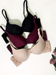 3pcs Lace Stitching Push Up Bra Comfy Everyday T Shirt Bra Women's Linger