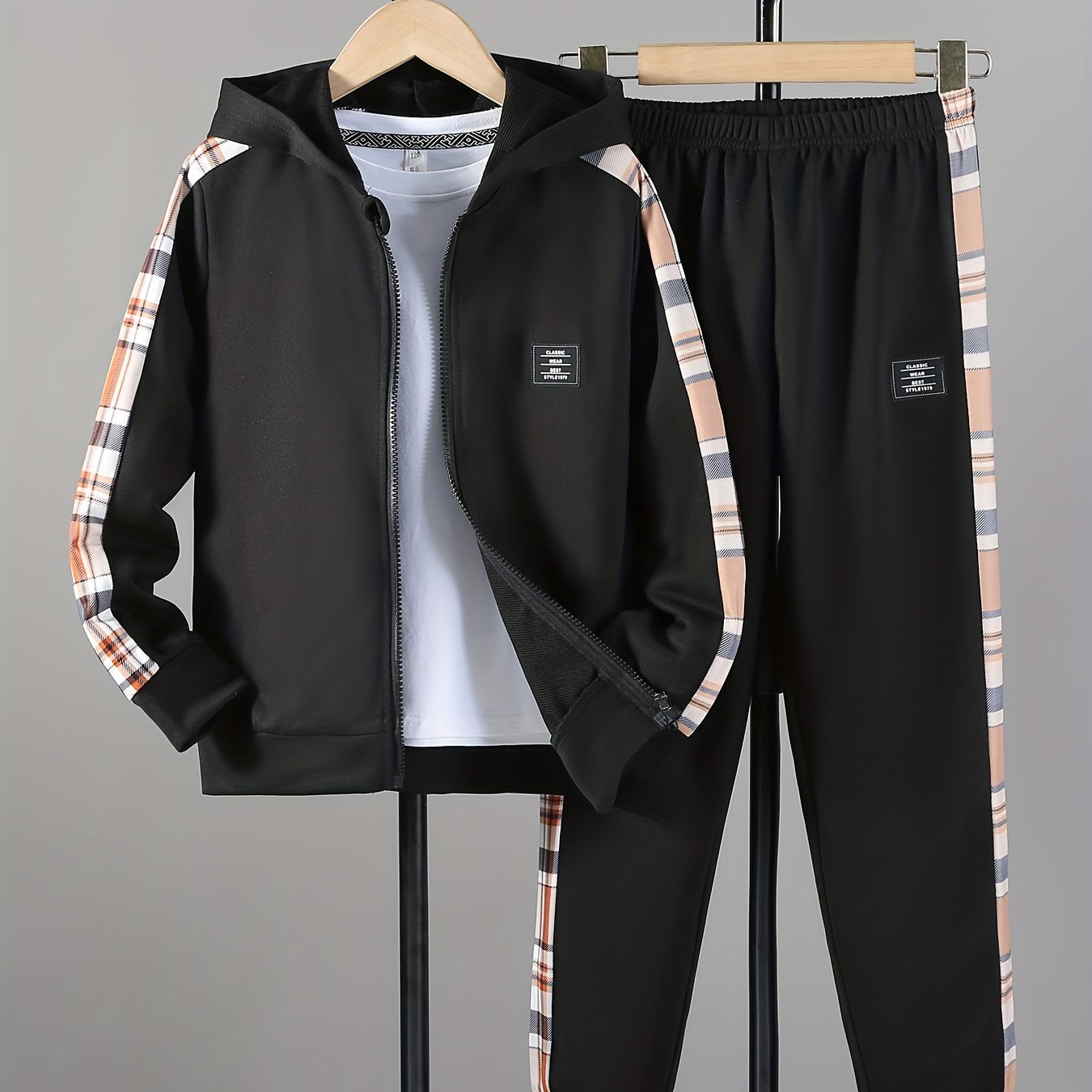 Boy's Stylish Hooded Jacket & Pants Set Zip Up Plaid Patched Outfits
