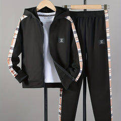 Boy's Stylish Hooded Jacket & Pants Set Zip Up Plaid Patched Outfits