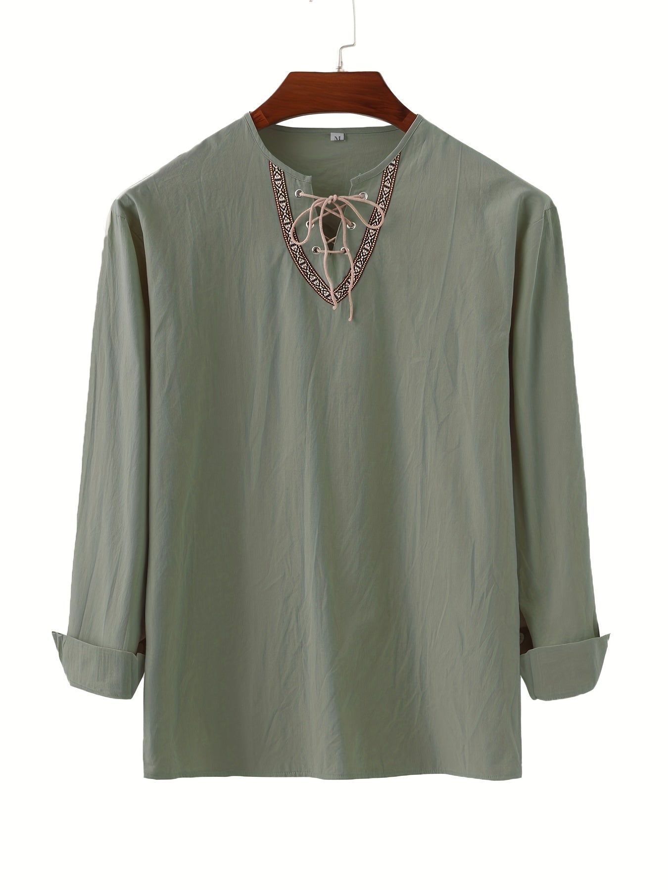 Men's Retro Casual Drawstring V Neck Long Sleeve Shirt