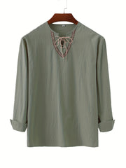 Men's Retro Casual Drawstring V Neck Long Sleeve Shirt
