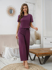 Solid Lounge Set Short Sleeve Crew Neck Top & Elastic Waistband Pants