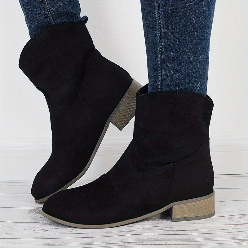 Women's V Cut Ankle Boots Retro Slip On Block Low Heel Shoes