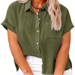 Solid Button Up Short Sleeve Blouse