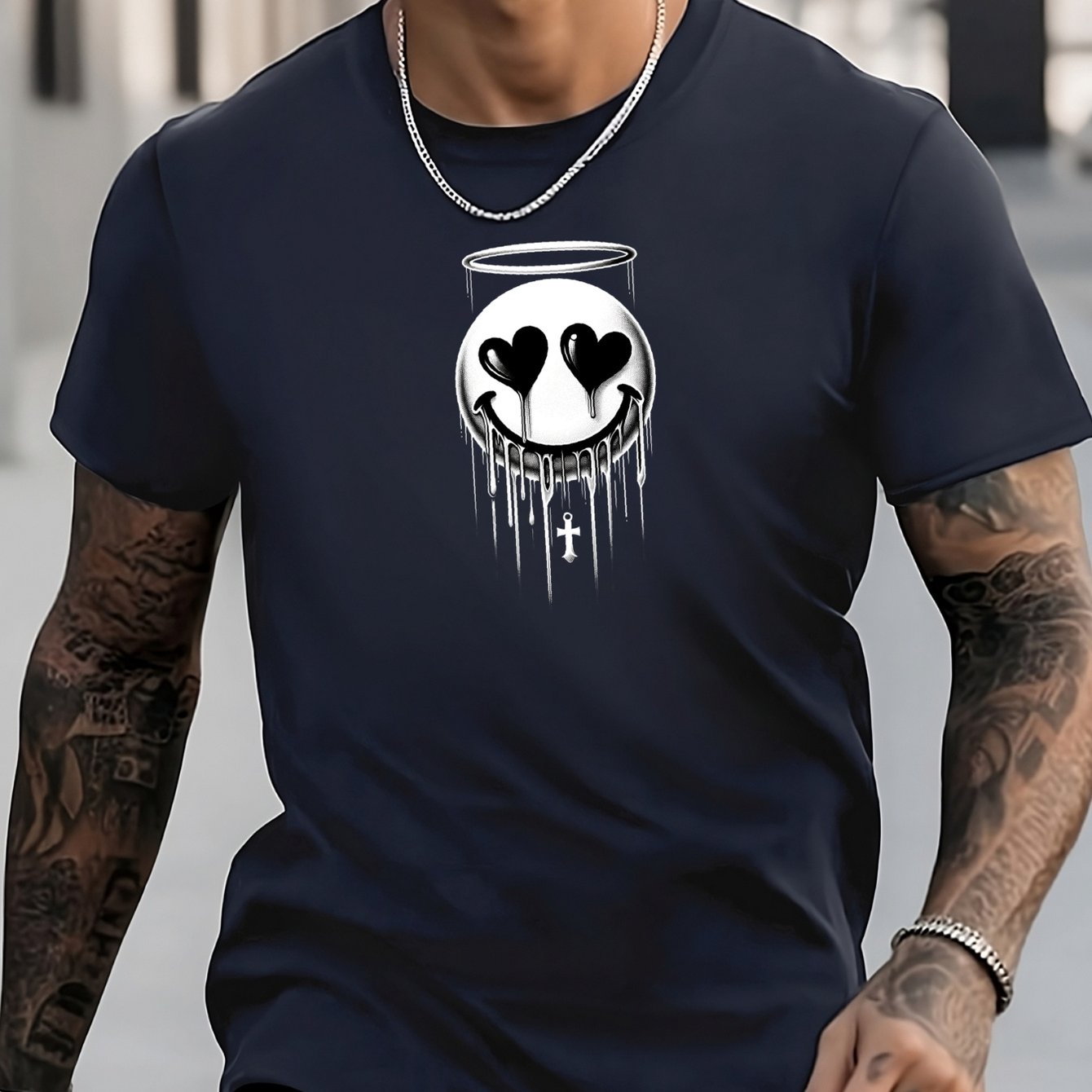 Men's Smiling Face Pattern Shirt Casual Crew Neck Tee Top