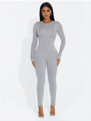 Solid Skinny Stretchy Jumpsuit Crew Neck Long Sleeve Casual Suit