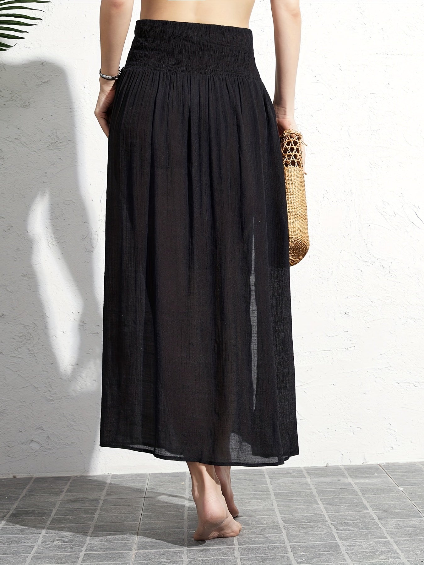 Solid Shirred Cover Up Skirt Sexy Maxi Beach Coverup