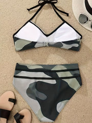 Camo Layered Ruched Bikini Sets Halter V Neck Backless High Cut Two Pieces Swims