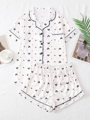 Heart Print Pajama Set Short Sleeve Buttons Top & Elastic Waistband Shorts