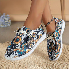 Women's Sunflower Pattern Boat Shoes Lace up Walking Shoes