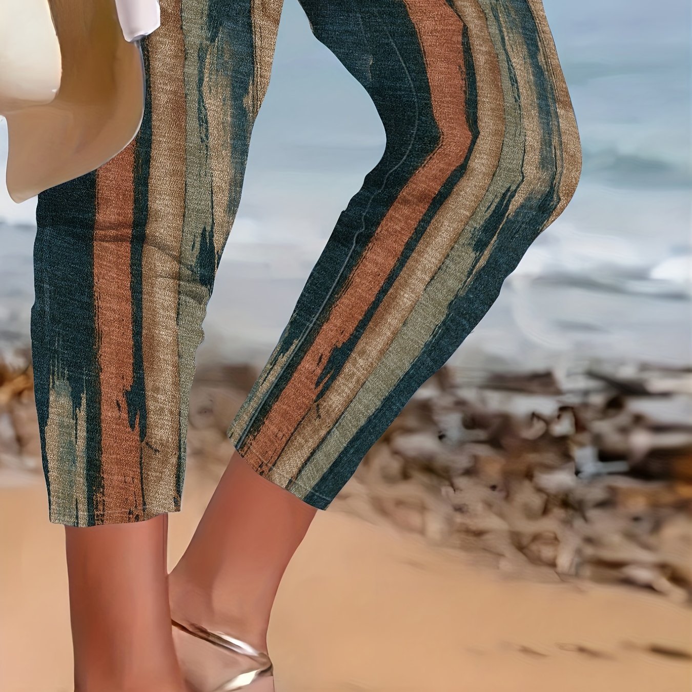 Brush Print Elastic High Rise Slim Fit Trousers
