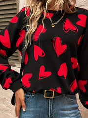 Heart Print Pullover Sweatshirt Women's Crew Neck Fall & Spring Casual Top
