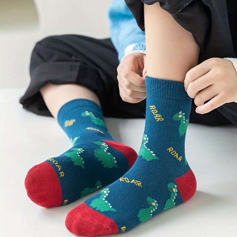 5pcs Kids Boys Dinosaur Striped Cotton Mid Tube Socks