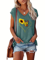 Sunflower & Butterfly Print Cap Sleeve Top V Neck Summer Top