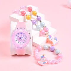 3pcs Girls' Magical Watch and Jewelry Set with Rainbow Beads Glowing Heart Charm