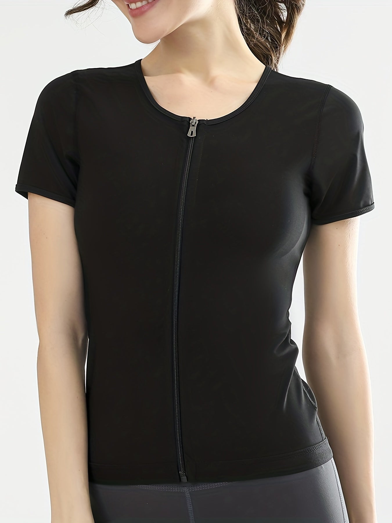 Zipper Front Slimming Short Sleeve Sports Sweat Shirt