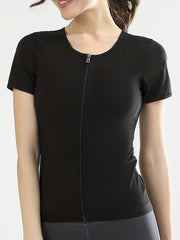 Zipper Front Slimming Short Sleeve Sports Sweat Shirt