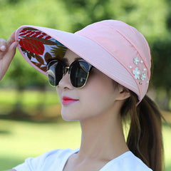 Faux Pearl Flower Decor Visor Hat Solid Ponytail Sun Hat UV Protection