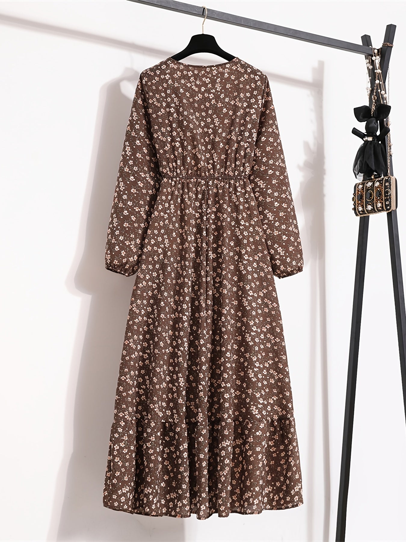 Floral Print Crew Neck Dress Boho Long Sleeve Dress