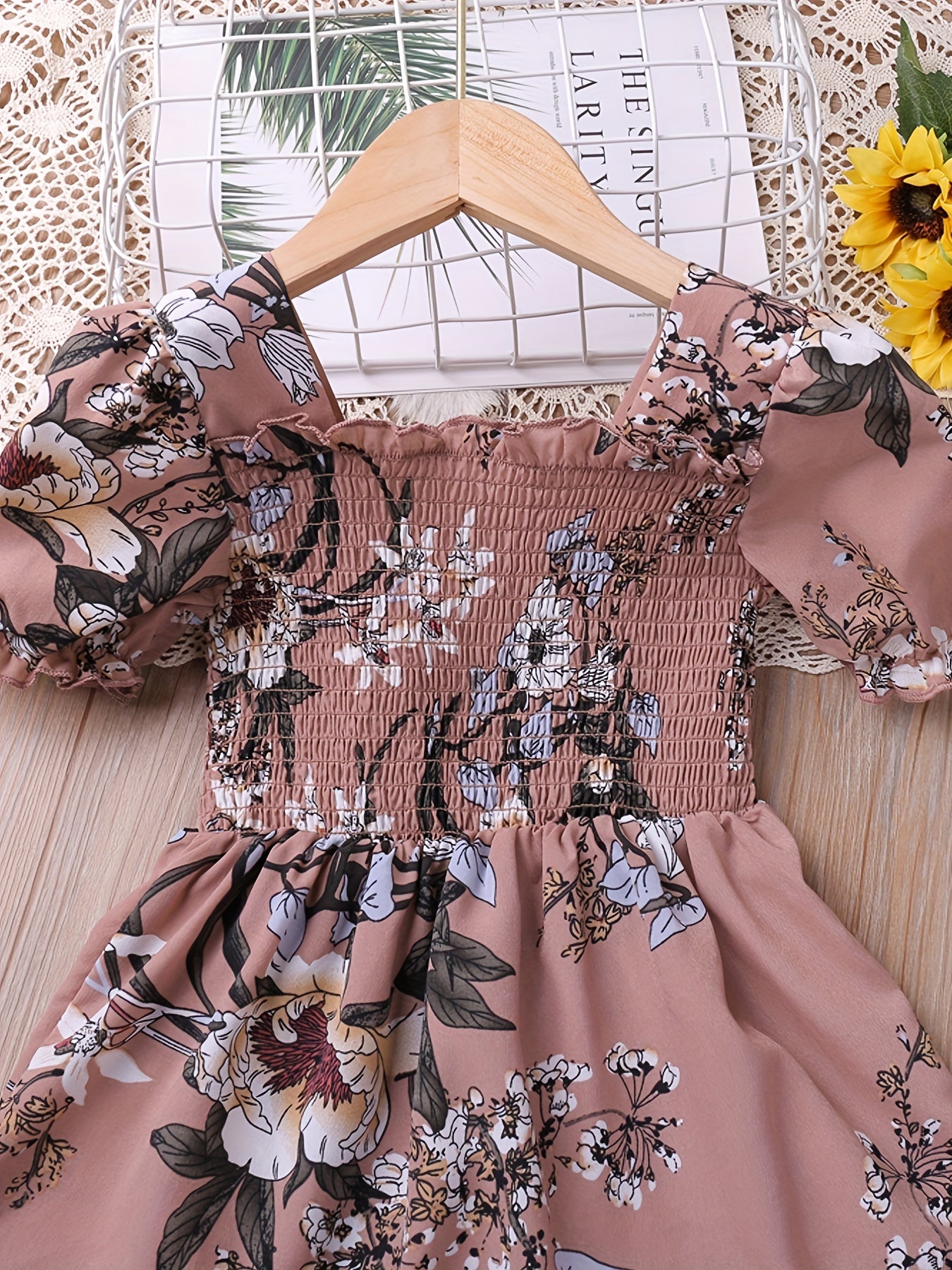 Toddler Girls Puff Sleeve Frill Trim Floral Ruffle Princess Dress