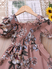 Toddler Girls Puff Sleeve Frill Trim Floral Ruffle Princess Dress